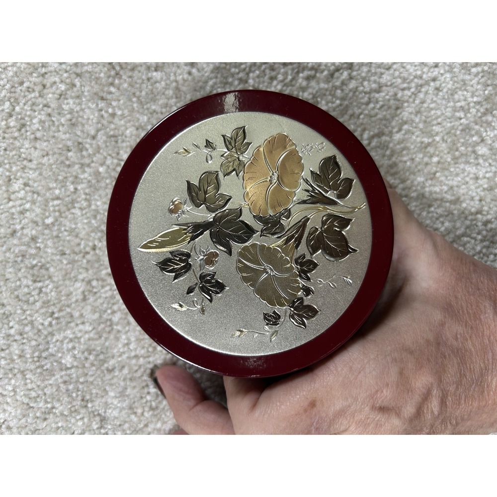 Vintage Japanese Lacquer Trinket Box Floral Gold Silver Inlay Jewelry Container